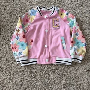 SHEIN Pink Floral-Sleeve Girls' Bomber Jacket